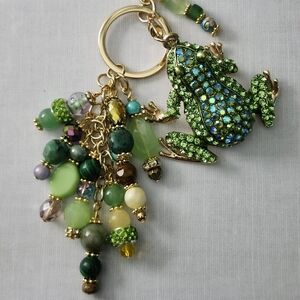 Artisan Frog Purse Charm or Keychain Rhinestones Glass Agate Jasper Handcrafted